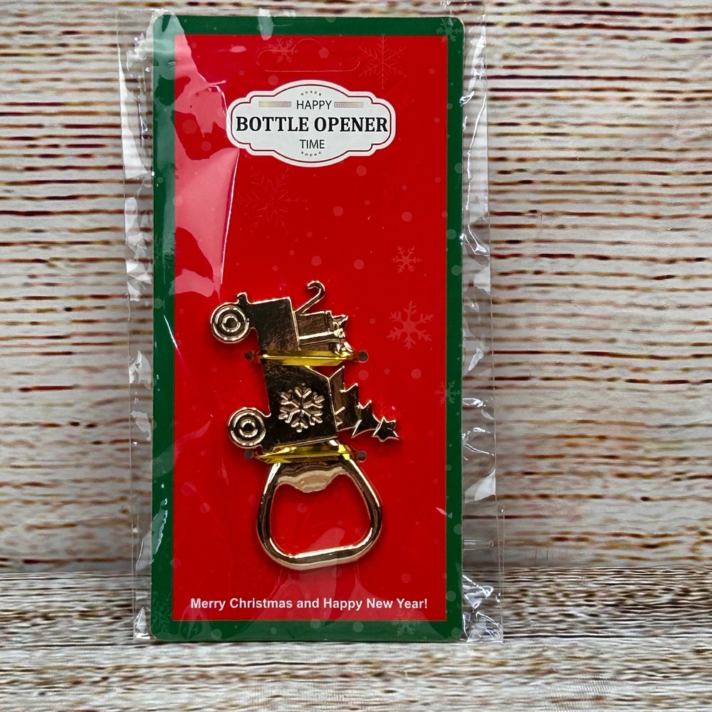 Christmas Train Gold Metal Bottle Opener Snowflake Holiday Barware Stocking NEW